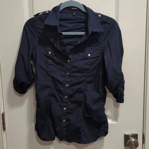 Navy Button-Down Ruched Shirt by Express